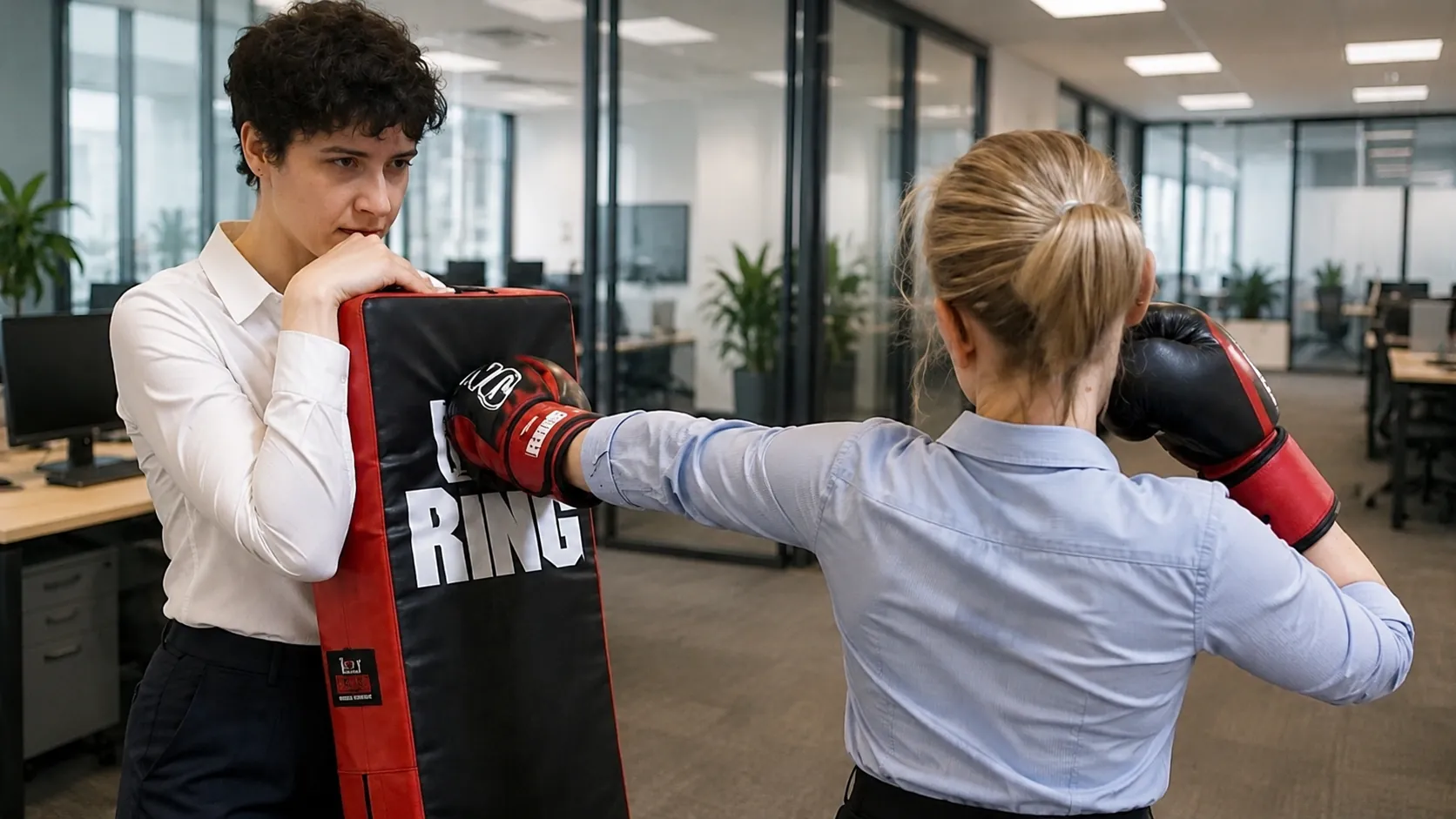 pracownicy biurowi w Krakowie ćwiczą podszas szkolenia z samoobrony dla firm podczas Eventu Polska Grupa Krav Maga